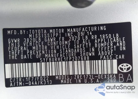 2015 Toyota Corolla S Plus из США, поврежденный, VIN 5YFBURHE1FP207688